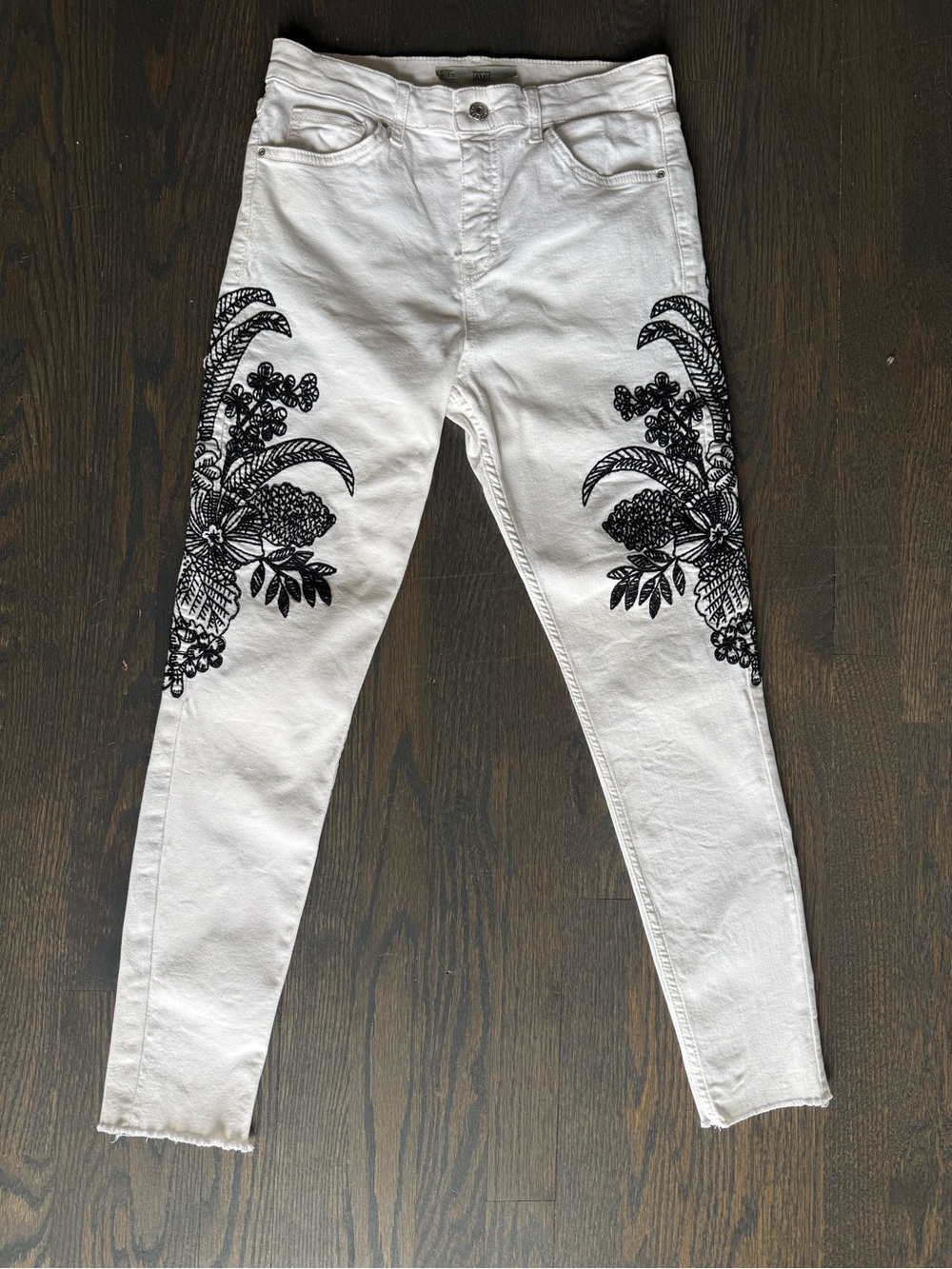 Topshop White Women's Jeans with Black Floral Embroidery